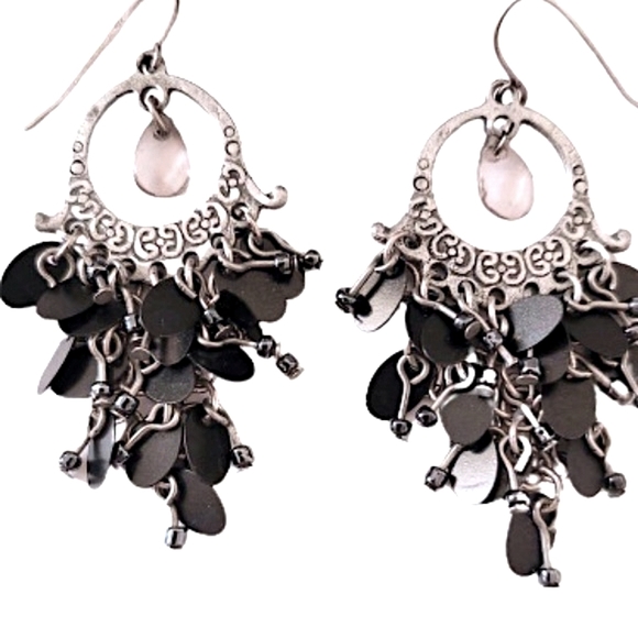 Vintage Silver Bohemian Antiqued Metal Beaded Chandelier Earrings Bracelet Set - Picture 5 of 8